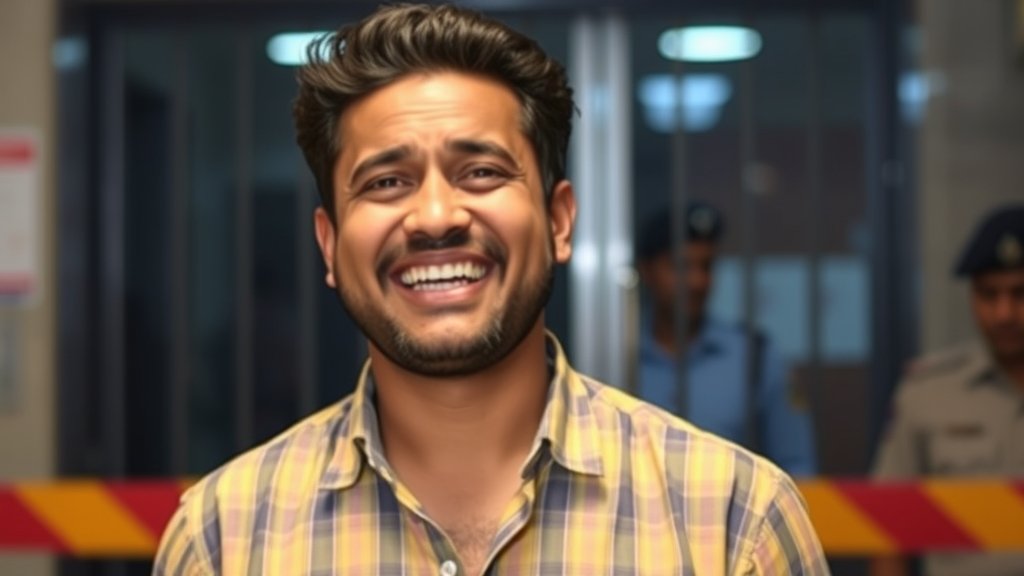 A photo of Jay Dhudhane with a mix of happiness and worry on his face, with a blurred background of a police station or a court, symbolizing his sudden shift from a celebrity life to a legal turmoil