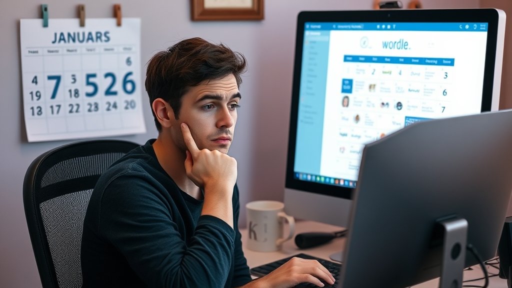 A person sitting in front of a computer, looking puzzled while playing Wordle, with a calendar showing January 5, 2026, in the background.