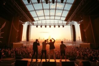 A high-energy photo of BTS performing on stage with a large crowd in the background, with a cityscape at sunset visible through the stage's transparent roof.