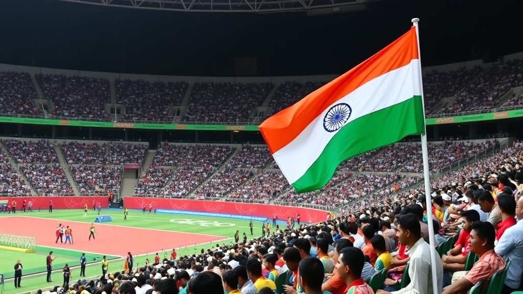 A photo of a packed stadium with Indian athletes competing in various sports, with the Indian flag waving in the background, and a subtle hint of the Olympic rings.