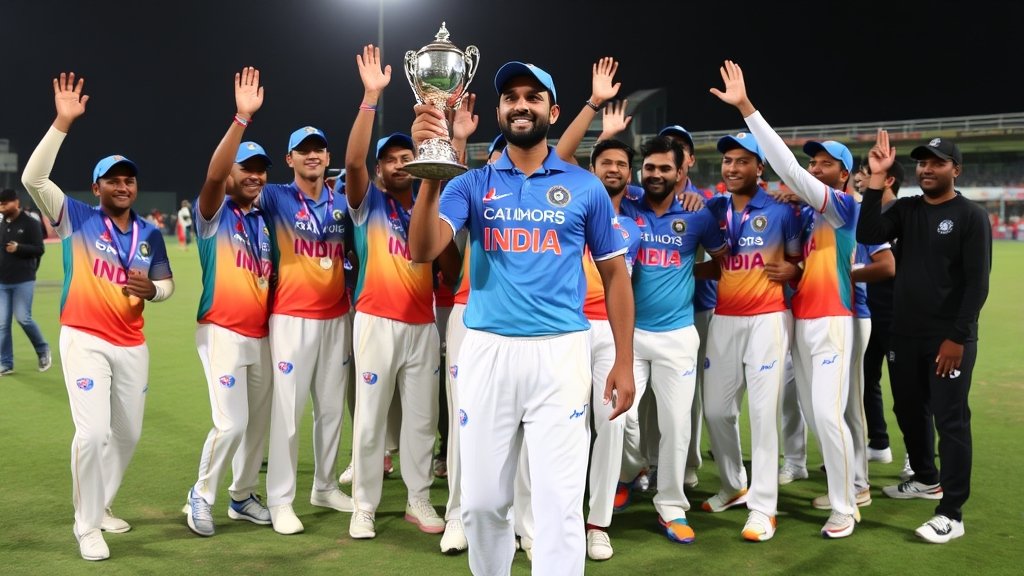 A photo of the Indian under-19 cricket team celebrating a win, with the captain holding the trophy and the team cheering in the background.