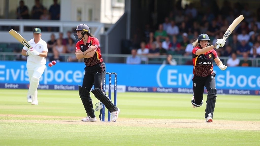 A photo of a women's cricket match with players from Northern Brave Women and Otago Sparks teams in action, with a stadium crowd in the background.