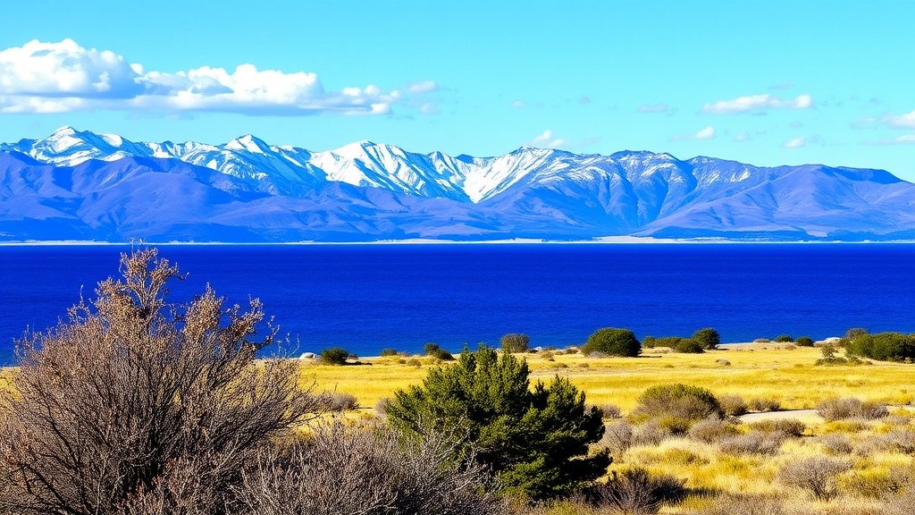 A serene landscape of the Great Salt Lake with a few trees and brush in the foreground, and the snow-capped mountains of the Wasatch Range in the background, under a clear blue sky with a few white clouds.
