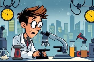 An illustration of a scientist looking at a microscope with a surprised expression, surrounded by various scientific equipment and a cityscape in the background.