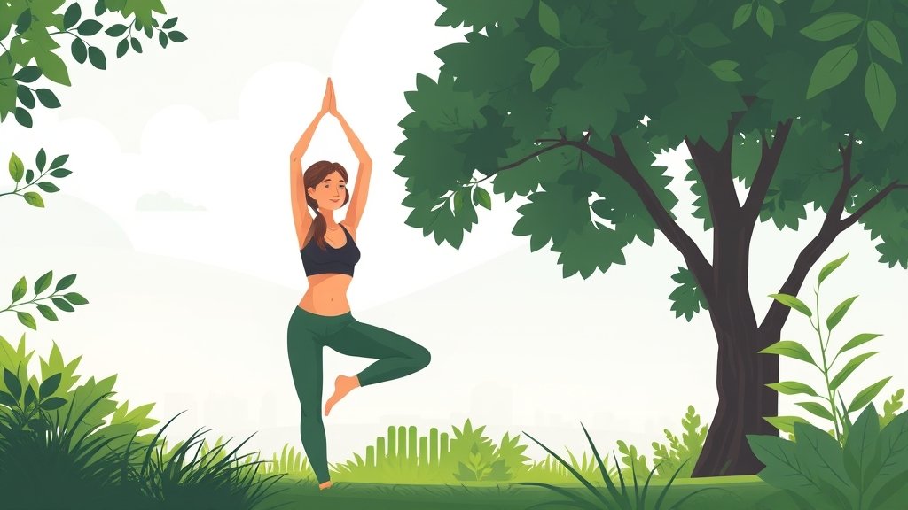 A serene illustration of a woman practicing yoga outdoors, surrounded by lush greenery, with a subtle background hint of a cityscape, conveying the balance between nature and urban life, with a color palette that reflects growth, harmony, and wellness.