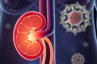 A medical illustration showing a nephrostomy tube in a patient's kidney, with a subtle background hint of a cancer cell, conveying the connection between nephrostomy and sepsis in cancer patients.