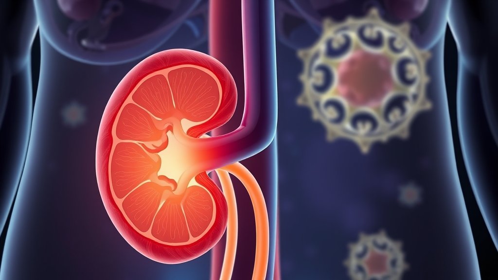A medical illustration showing a nephrostomy tube in a patient's kidney, with a subtle background hint of a cancer cell, conveying the connection between nephrostomy and sepsis in cancer patients.