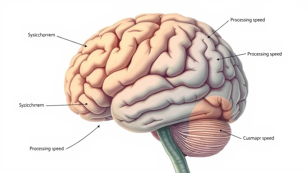 A detailed illustration of the human brain with highlighted areas related to processing speed and schizophrenia, incorporating subtle visual elements that convey the complexity of the topic.