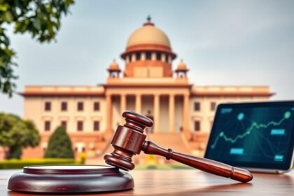 A photo of the Supreme Court of India with a gavel and a digital device in the foreground, symbolizing the intersection of law and technology.