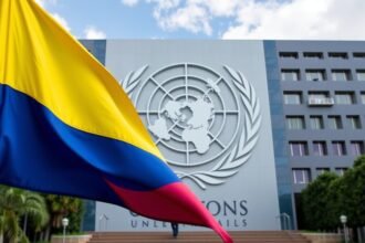 A photograph of the United Nations headquarters with a Venezuelan flag in the foreground, symbolizing the international community's concern over the country's growing instability.