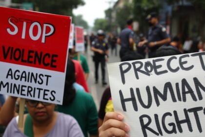 A photograph of a protest in Bangladesh with people holding signs that read "Stop Violence Against Minorities" and "Protect Human Rights", with a blurred background of a city street and a few police officers in the distance.