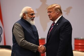 A photo of Indian Prime Minister Narendra Modi and US President Donald Trump shaking hands, with a subtle background hint of oil barrels and a faint image of a map of India and the US.