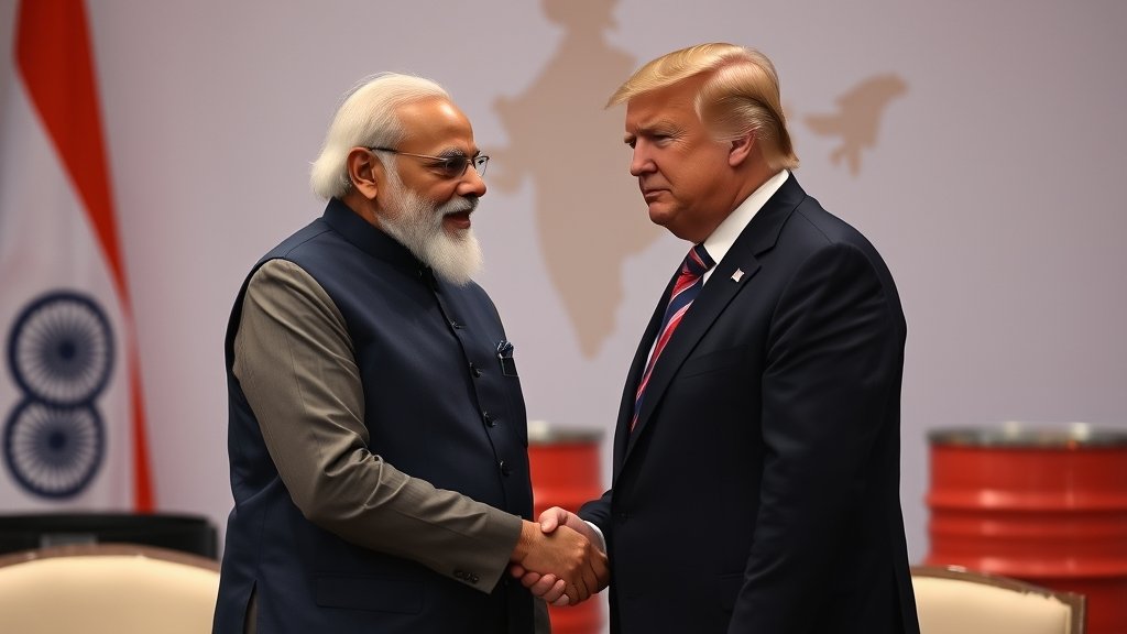 A photo of Indian Prime Minister Narendra Modi and US President Donald Trump shaking hands, with a subtle background hint of oil barrels and a faint image of a map of India and the US.
