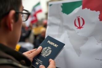 A picture of a person holding a passport and looking at a map of Iran with a concerned expression, while a blurred image of a protest in the background