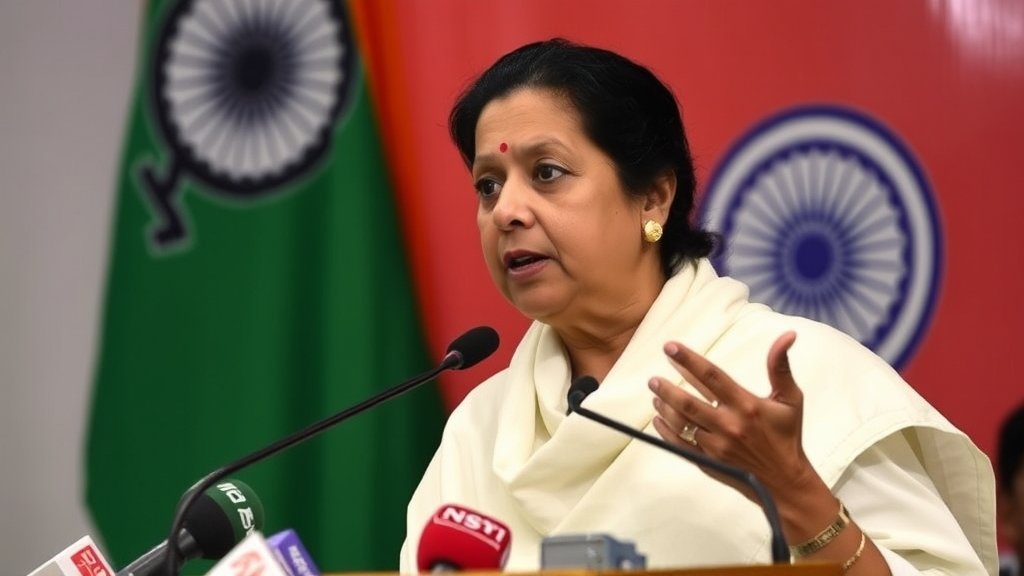 A photo of Mamata Banerjee speaking at a press conference with a background of West Bengal state flag and a faint image of the Election Commission of India logo