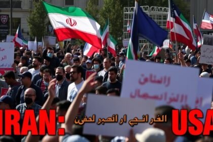 A photograph of a protest in Tehran with a bold headline in Persian, symbolizing the current unrest and tensions between Iran and the US