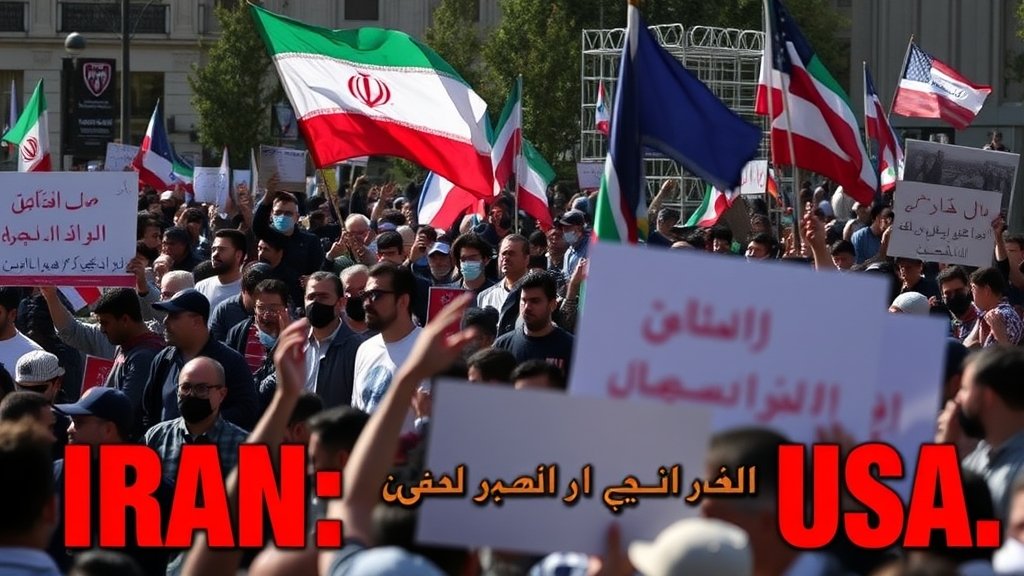 A photograph of a protest in Tehran with a bold headline in Persian, symbolizing the current unrest and tensions between Iran and the US