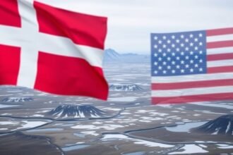 A photo of the Greenland landscape with a subtle hint of the Danish and American flags in the background, symbolizing the complex geopolitical dynamics at play.