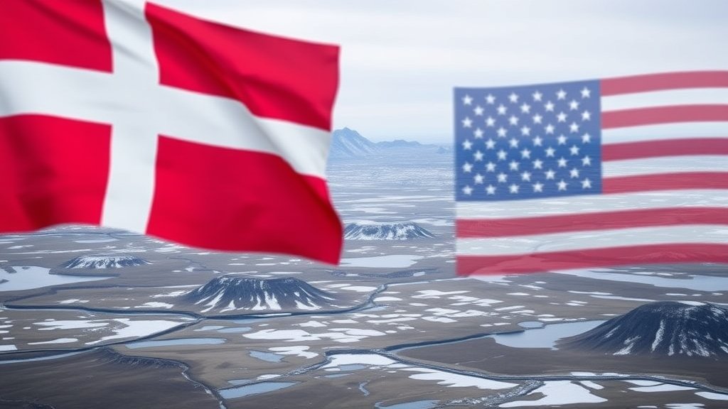 A photo of the Greenland landscape with a subtle hint of the Danish and American flags in the background, symbolizing the complex geopolitical dynamics at play.