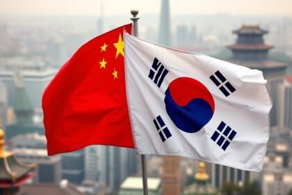 A photo of the Chinese and South Korean flags waving together, with a subtle background of a bustling city or a historic landmark, symbolizing the renewed ties between the two nations.