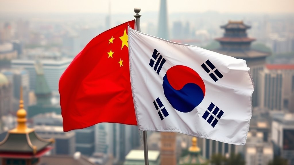 A photo of the Chinese and South Korean flags waving together, with a subtle background of a bustling city or a historic landmark, symbolizing the renewed ties between the two nations.