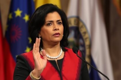 A photo of Delcy Rodriguez taking oath as the interim president of Venezuela, with a background of Venezuelan flags and a sense of political uncertainty