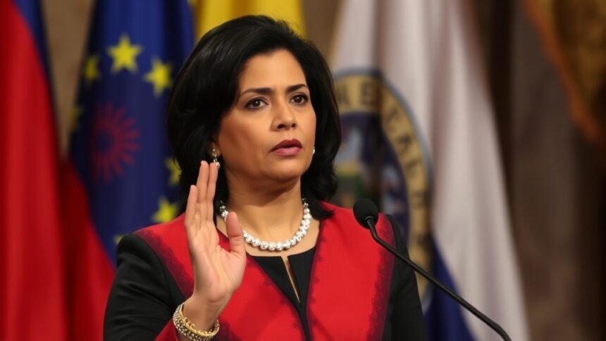 A photo of Delcy Rodriguez taking oath as the interim president of Venezuela, with a background of Venezuelan flags and a sense of political uncertainty