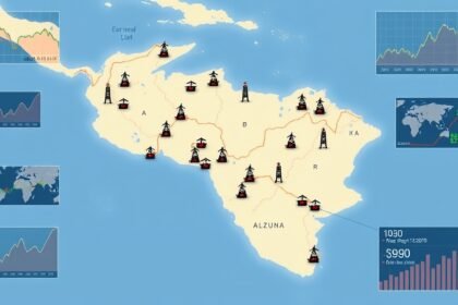 A map of Venezuela with oil rigs and pipelines, surrounded by images of global economic indicators, such as stock market graphs and currency exchange rates.
