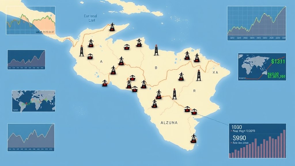 A map of Venezuela with oil rigs and pipelines, surrounded by images of global economic indicators, such as stock market graphs and currency exchange rates.