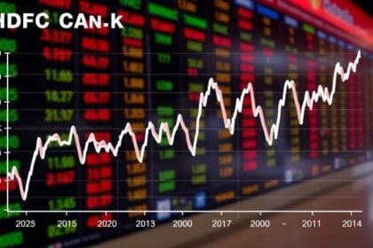 A graph showing the fluctuations in HDFC Bank's share prices with a background image of a stock market trading floor.