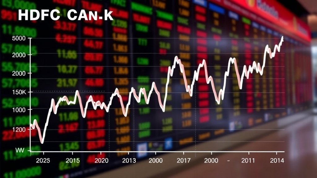 A graph showing the fluctuations in HDFC Bank's share prices with a background image of a stock market trading floor.