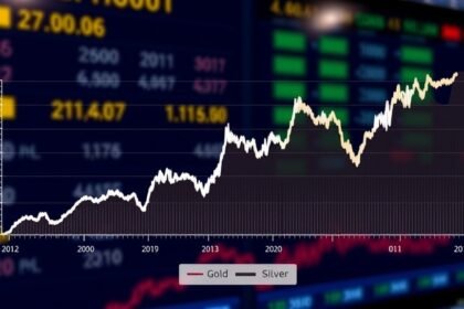 A graph showing the fluctuation in gold and silver prices over the past year, with a background image of a stock market screen or a precious metals trading floor