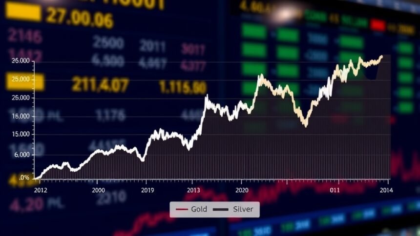 A graph showing the fluctuation in gold and silver prices over the past year, with a background image of a stock market screen or a precious metals trading floor