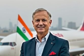 A photo of Campbell Wilson, the current CEO of Air India, standing in front of an Air India aircraft, with a subtle background of the Indian flag and a cityscape, conveying a sense of leadership, change, and national pride.