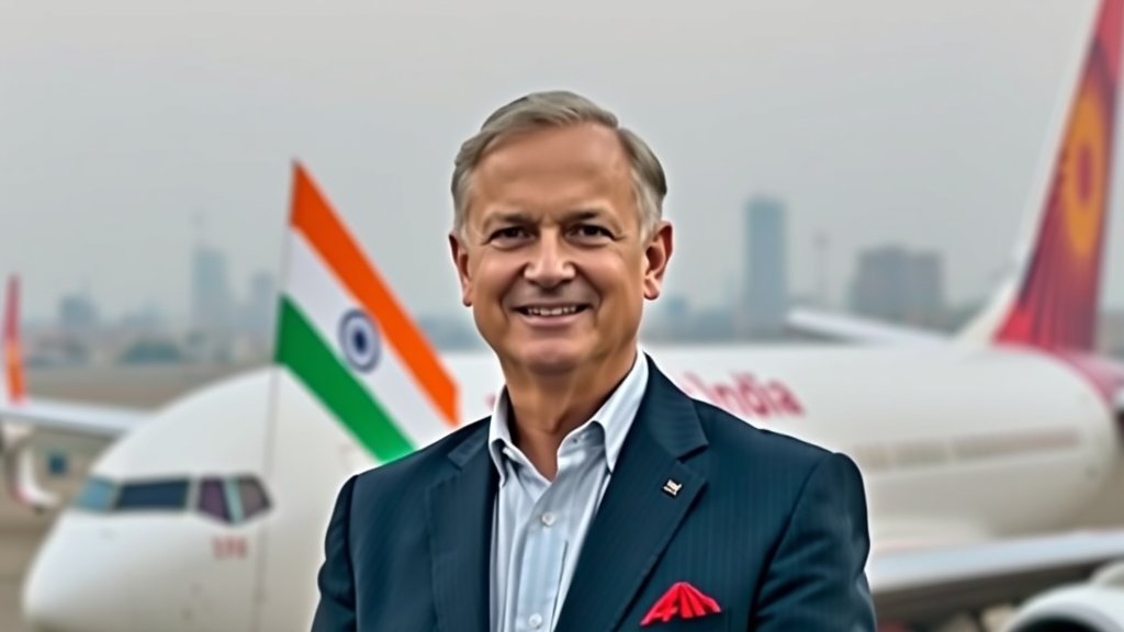 A photo of Campbell Wilson, the current CEO of Air India, standing in front of an Air India aircraft, with a subtle background of the Indian flag and a cityscape, conveying a sense of leadership, change, and national pride.