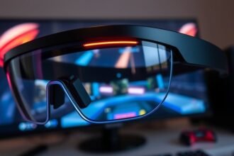 A close-up of the ROG XREAL R1 AR gaming glasses with a virtual screen display and a gaming console in the background.