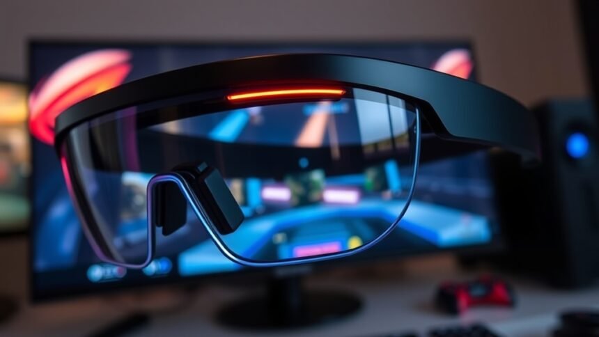 A close-up of the ROG XREAL R1 AR gaming glasses with a virtual screen display and a gaming console in the background.