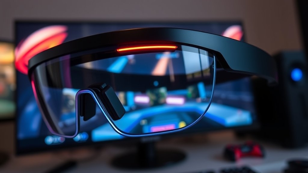 A close-up of the ROG XREAL R1 AR gaming glasses with a virtual screen display and a gaming console in the background.