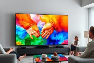 A high-quality image of the 130-inch micro RGB TV with a sleek and modern design, showcasing its vibrant colors and advanced features, in a living room setting with people enjoying its immersive experience.