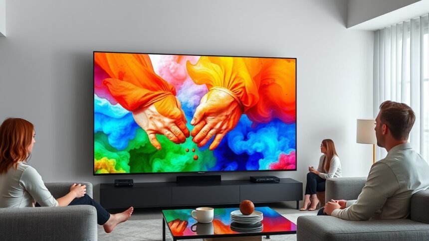 A high-quality image of the 130-inch micro RGB TV with a sleek and modern design, showcasing its vibrant colors and advanced features, in a living room setting with people enjoying its immersive experience.
