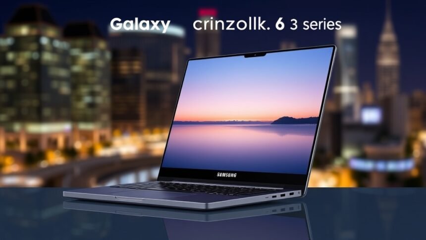 A high-quality image of the Samsung Galaxy Book 6 series laptop with a blurred background of a cityscape at night, highlighting the device's sleek design and powerful performance.