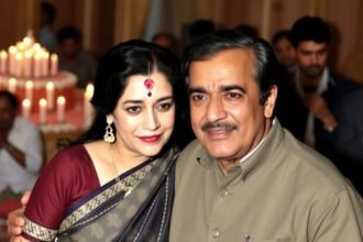 A photo of Hema Malini and Dharmendra together, with a subtle background of a prayer meeting or a memorial service, conveying a sense of respect and remembrance.