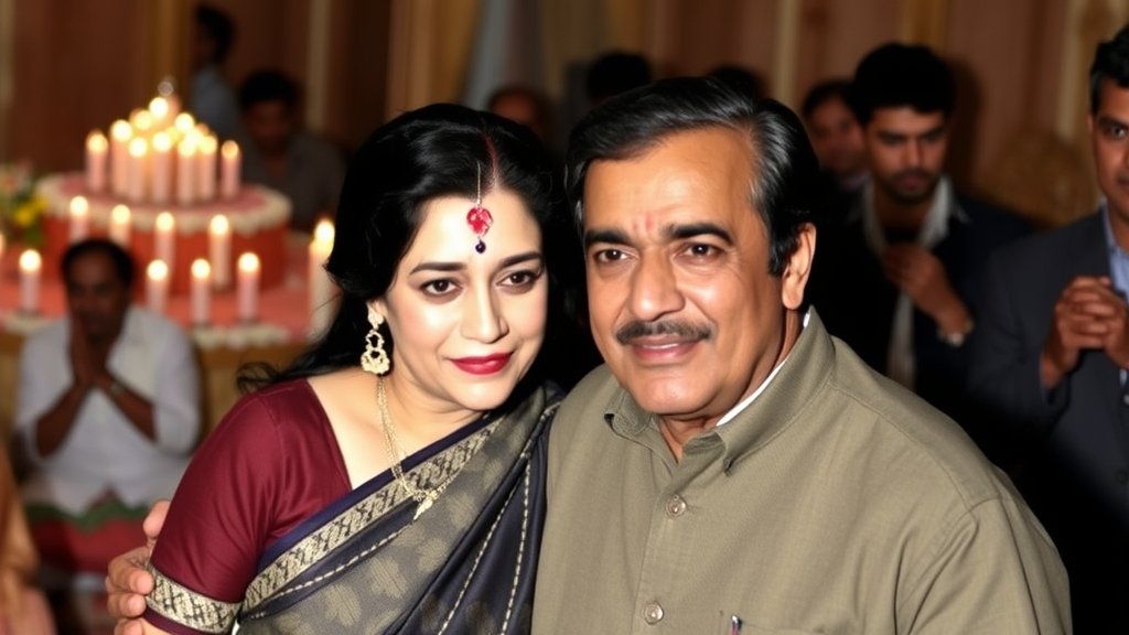 A photo of Hema Malini and Dharmendra together, with a subtle background of a prayer meeting or a memorial service, conveying a sense of respect and remembrance.