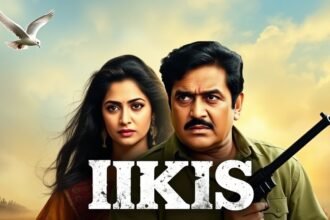A movie poster of Ikkis with Agastya Nanda and Dharmendra in the background, with a subtle hint of a war scene and a dove flying in the sky.