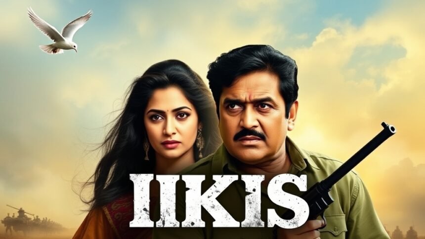 A movie poster of Ikkis with Agastya Nanda and Dharmendra in the background, with a subtle hint of a war scene and a dove flying in the sky.