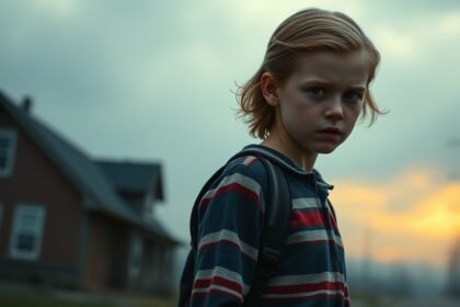 A dramatic image of Eleven from Stranger Things, with a blurred background of Hawkins, Indiana, and a hint of the Upside Down, symbolizing her uncertain future.