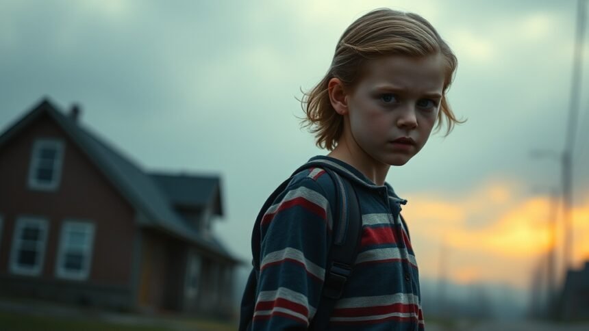 A dramatic image of Eleven from Stranger Things, with a blurred background of Hawkins, Indiana, and a hint of the Upside Down, symbolizing her uncertain future.