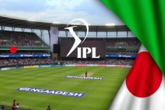 A photo of a cricket stadium with a banner that reads "IPL" and a crowd of people in the background, with a hint of a Bangladeshi and Indian flag in the corner, symbolizing the tension between the two countries.