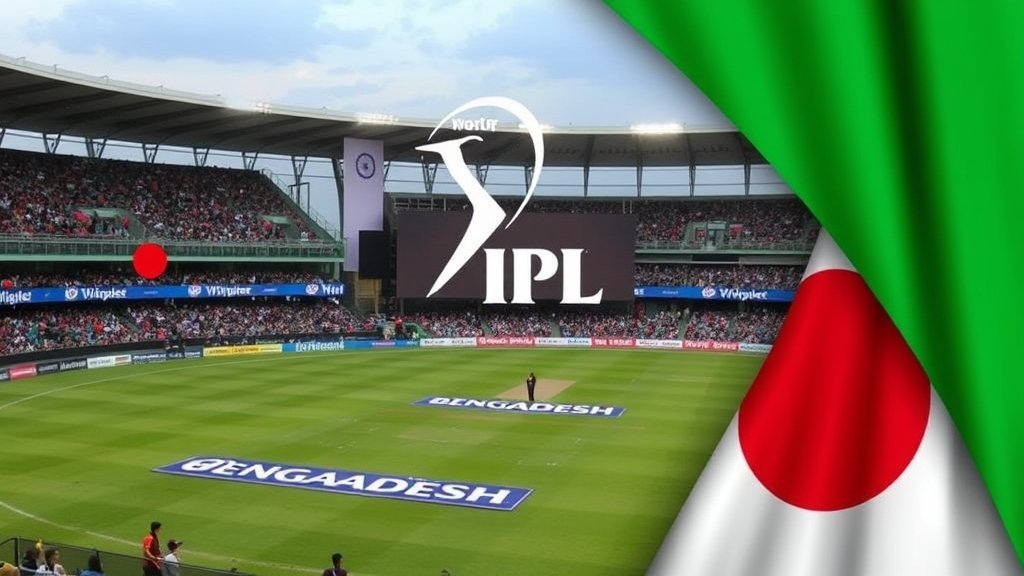 A photo of a cricket stadium with a banner that reads "IPL" and a crowd of people in the background, with a hint of a Bangladeshi and Indian flag in the corner, symbolizing the tension between the two countries.