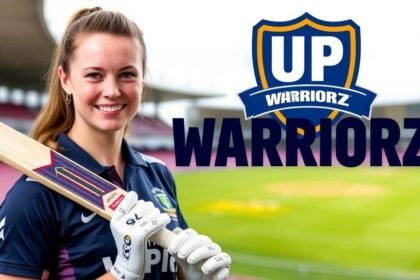A photo of Meg Lanning holding a cricket bat, with the UP Warriorz team logo in the background, and a subtle background image of a cricket stadium.